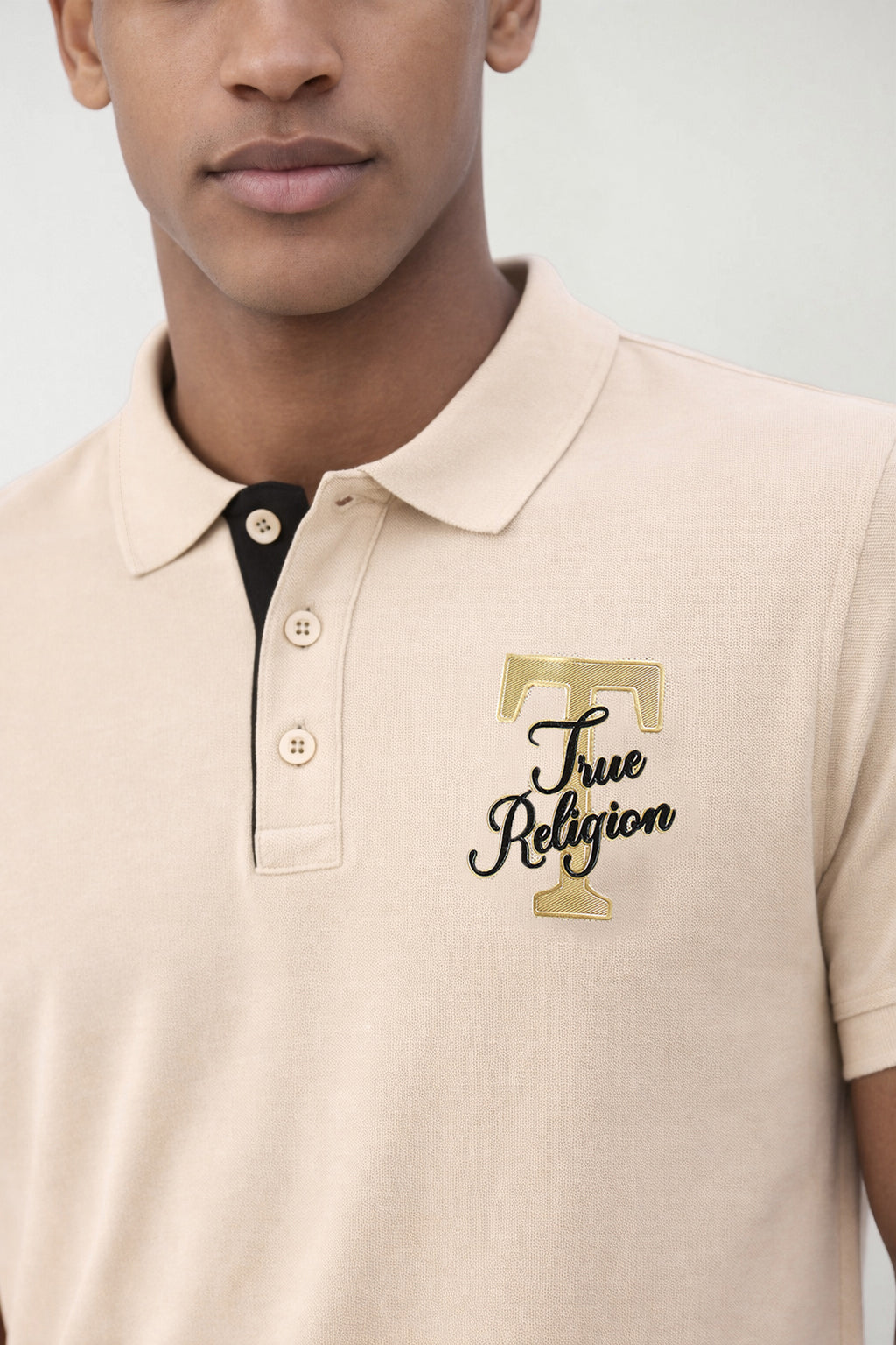 True Religion Men Beige Solid Regular Fit Pure Cotton Polo T-Shirt