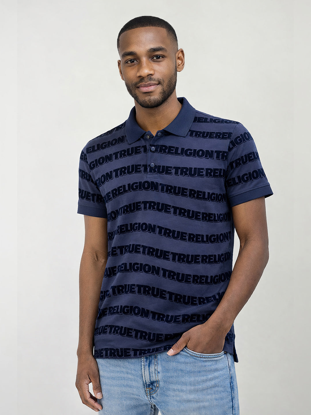 True Religion Men Indigo Blue Printed Regular Fit Pure Cotton Polo T-Shirt