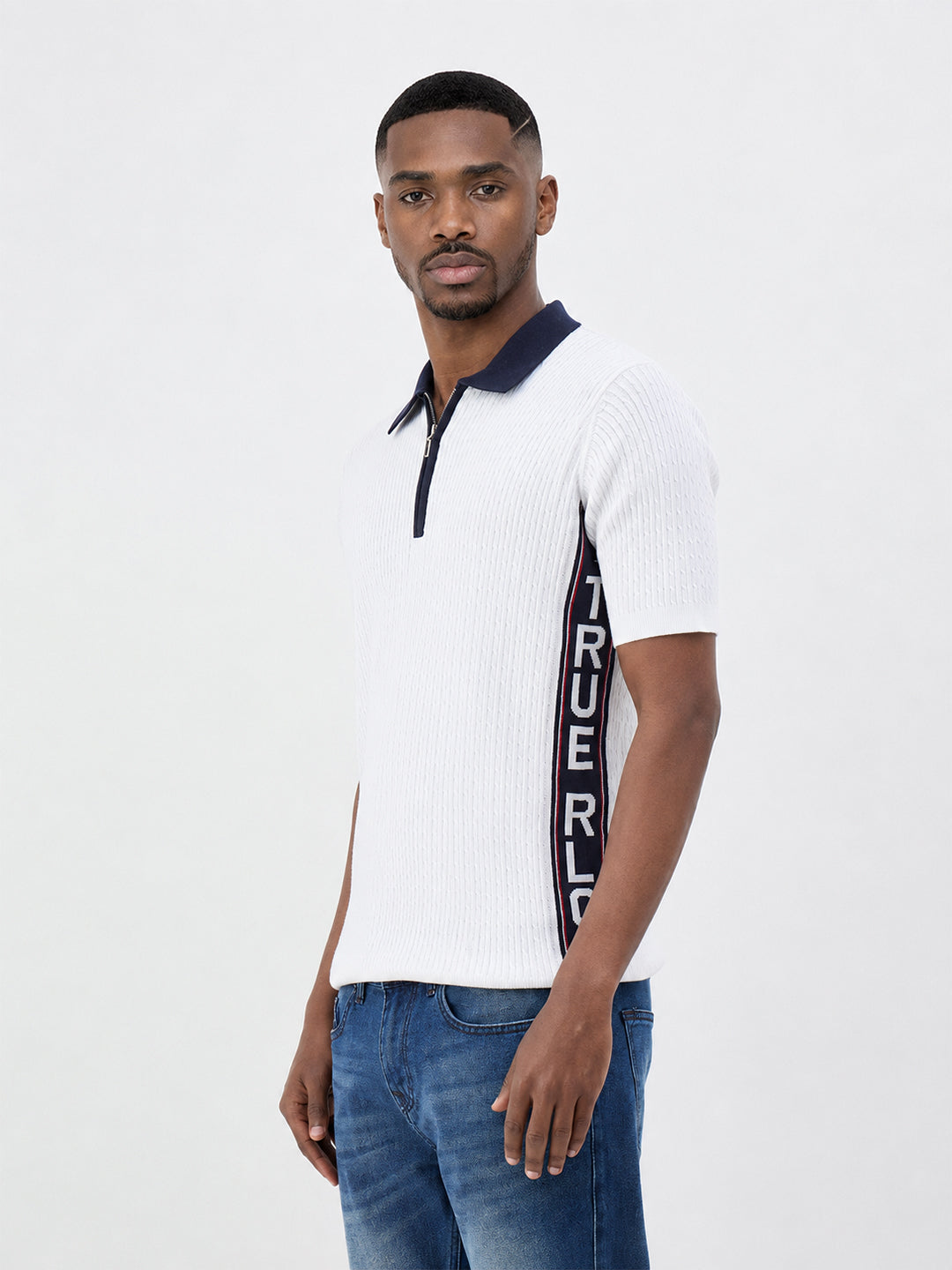 True Religion Men White Solid Regular Fit Pure Cotton Polo T-Shirt