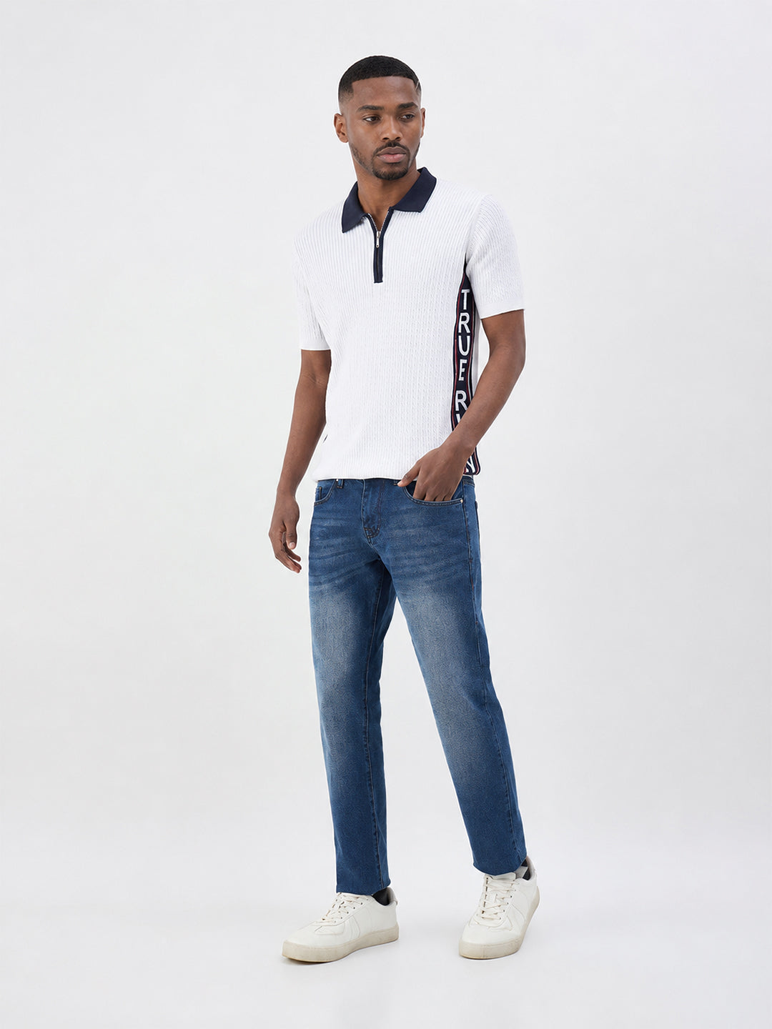 True Religion Men White Solid Regular Fit Pure Cotton Polo T-Shirt