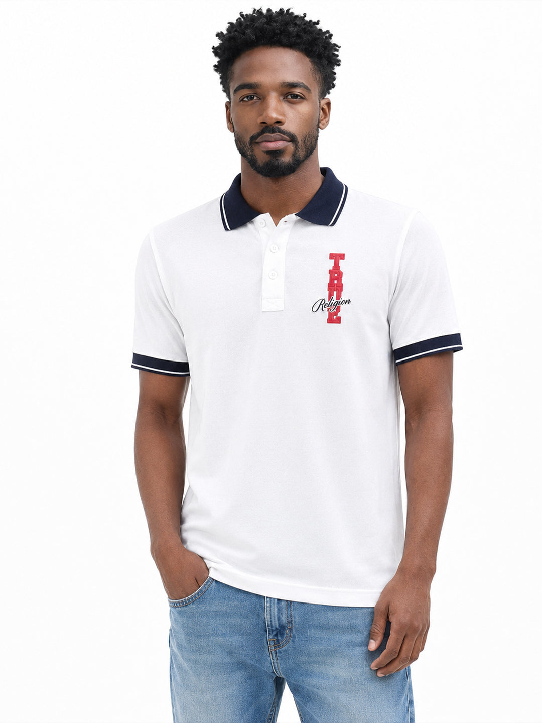True Religion Men White Solid Regular Fit Pure Cotton Polo T-Shirt