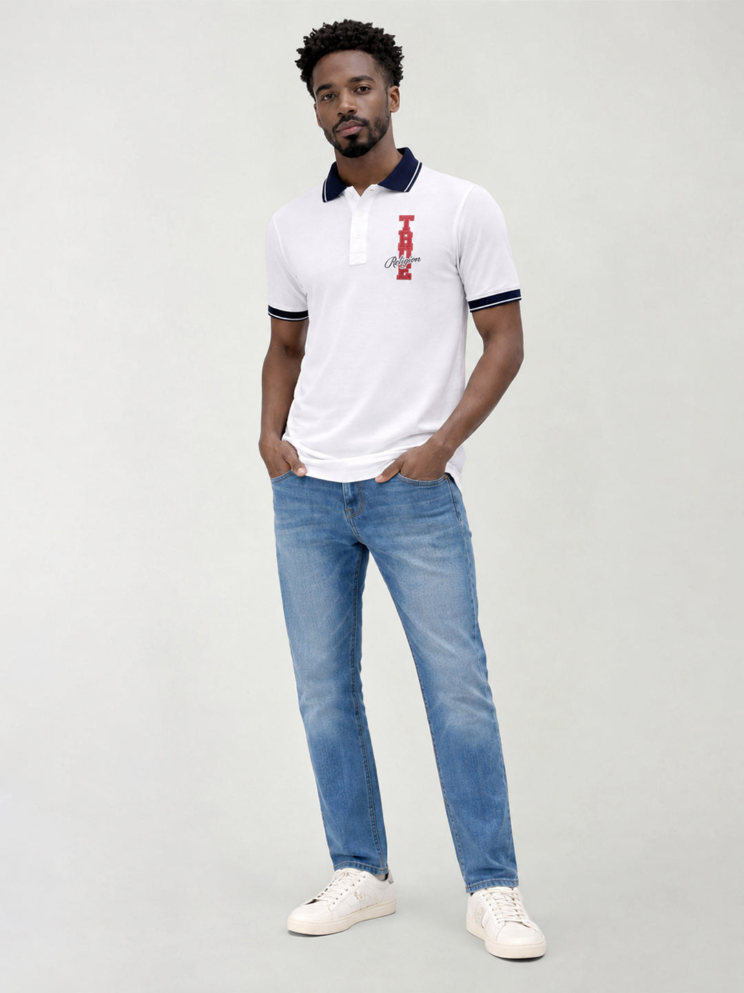 True Religion Men White Solid Regular Fit Pure Cotton Polo T-Shirt