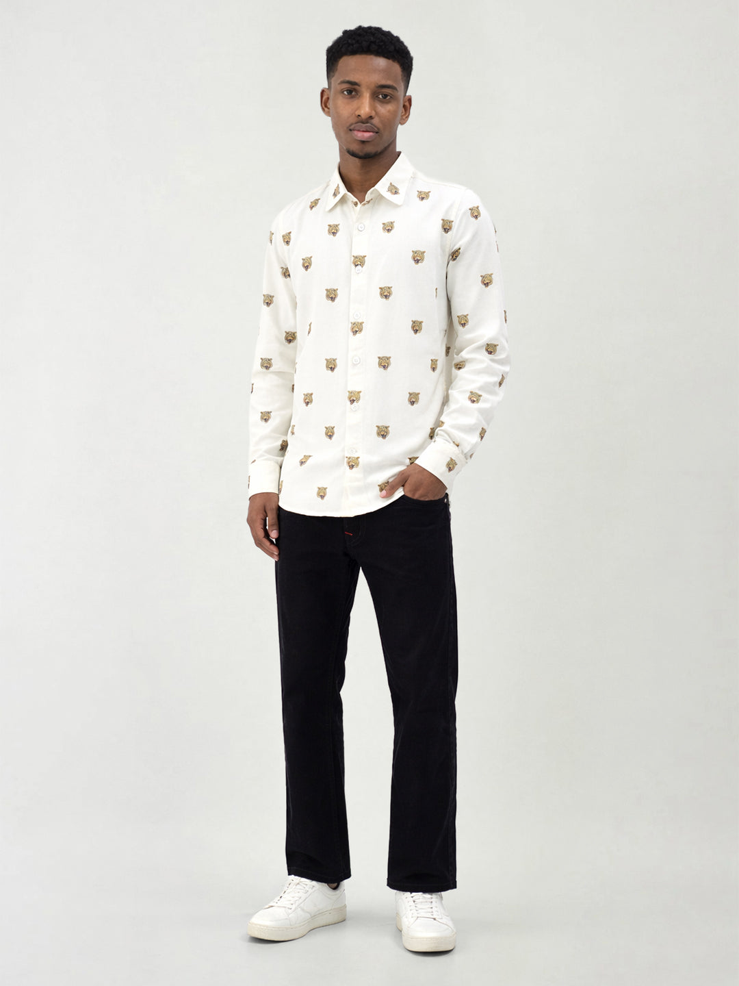 True Religion Men Cream Printed Regular Fit Pure Cotton Shirt