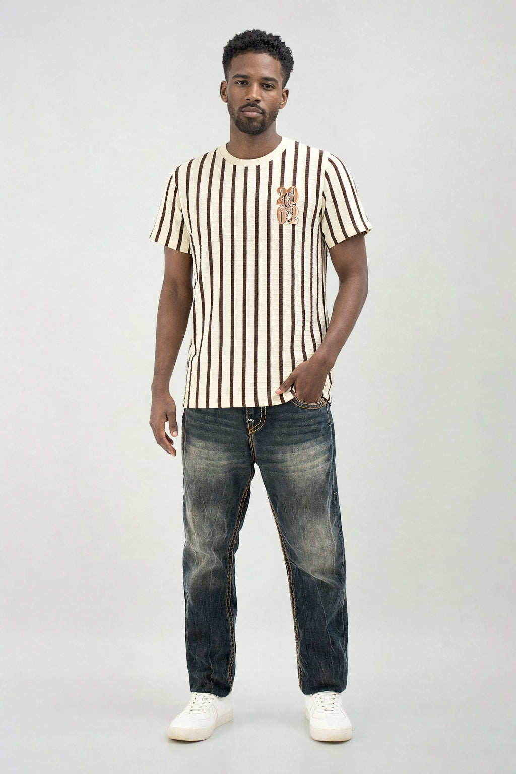 True Religion Men Striped Beige T-Shirt
