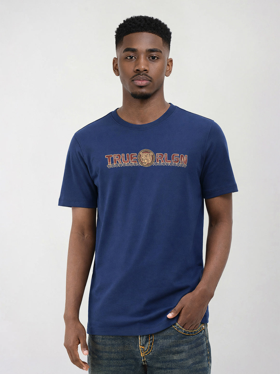 True Religion Men Solid Blue T-Shirt