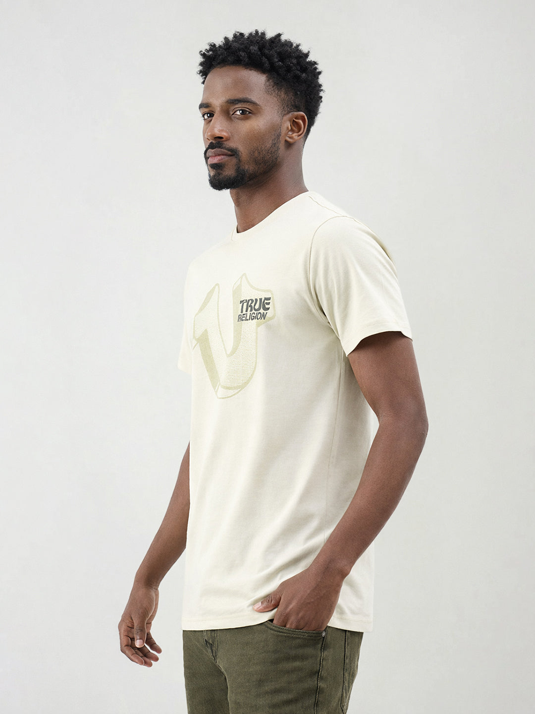 True Religion Men Cream Solid Regular Fit Pure Cotton T-Shirt
