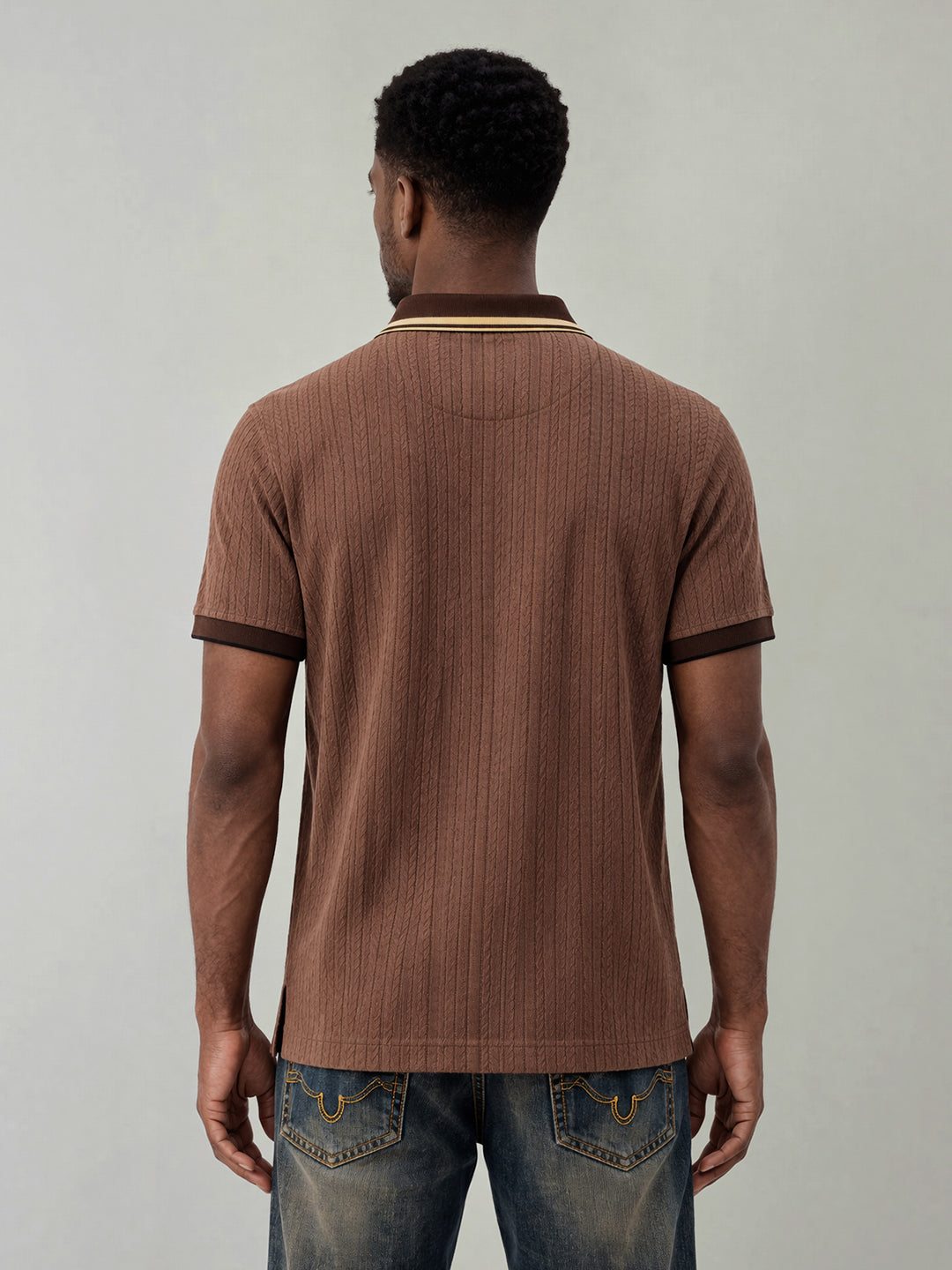 True Religion Men Brown Woven Design Regular Fit Polo T-Shirt