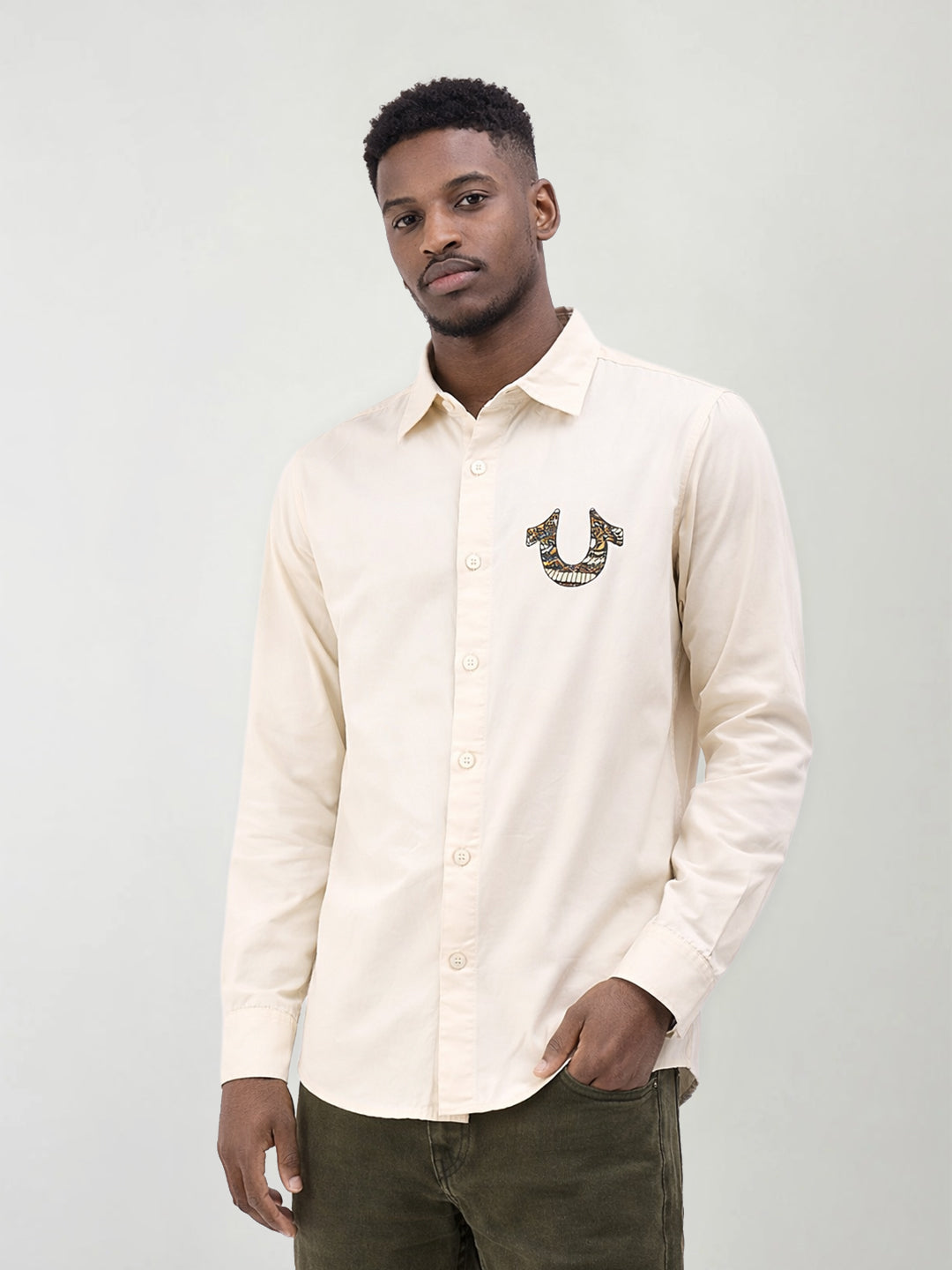 True Religion Men Printed Cream Shirt
