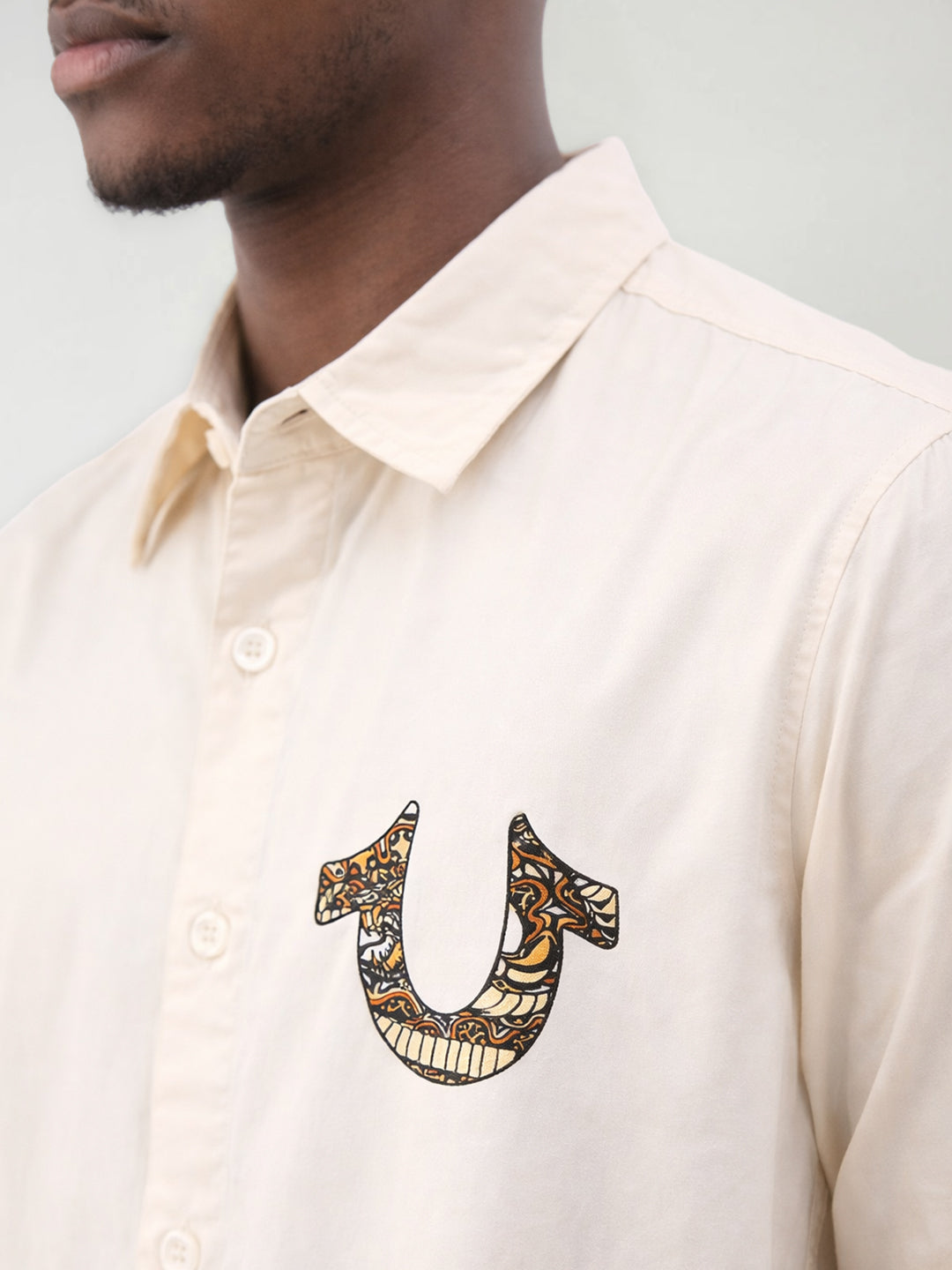 True Religion Men Printed Cream Shirt