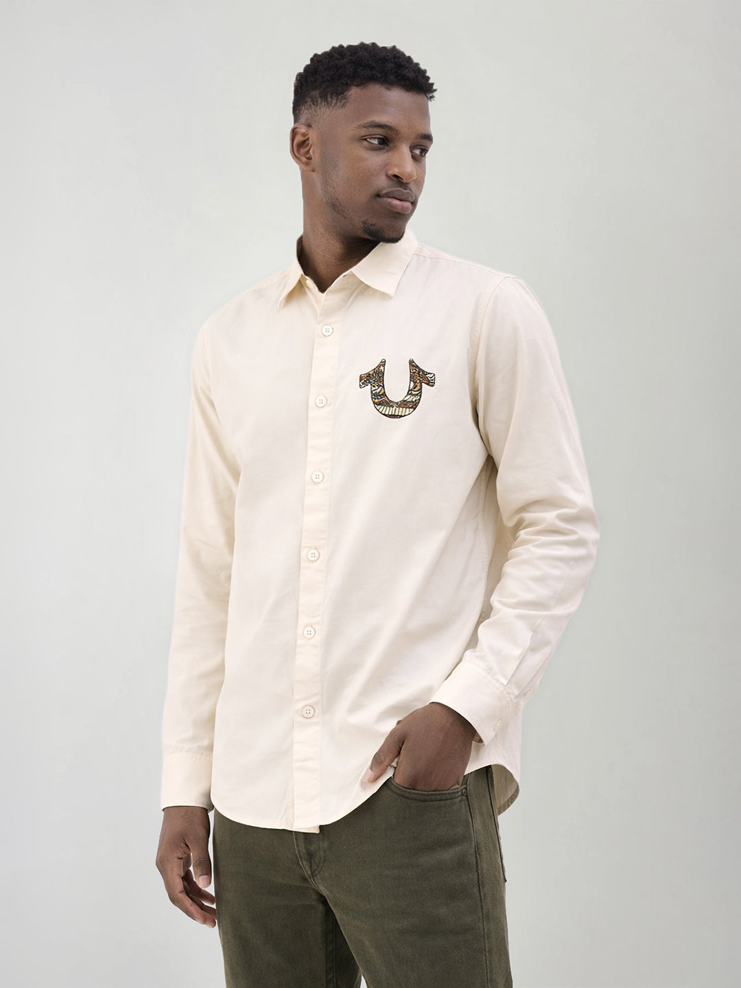 True Religion Men Printed Cream Shirt