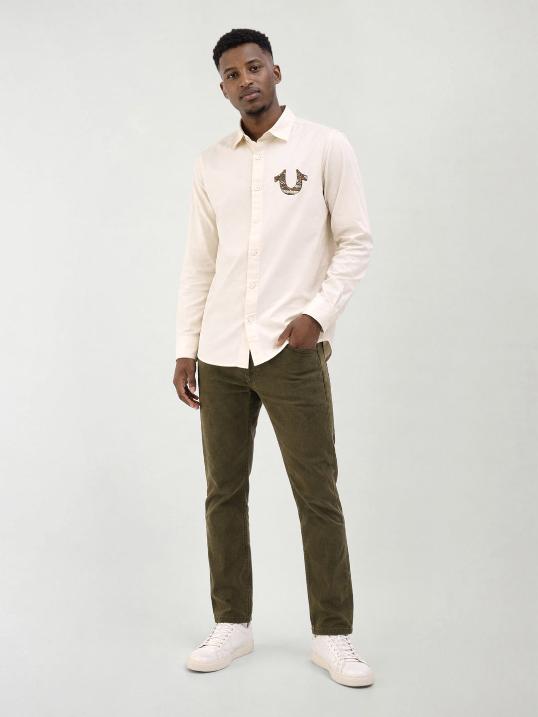 True Religion Men Printed Cream Shirt