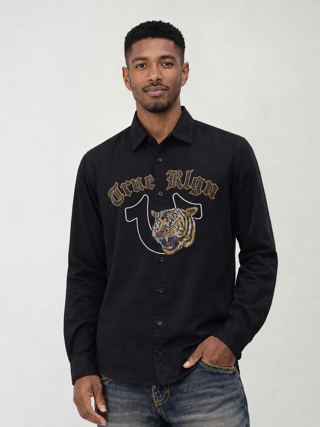 True Religion Men Black Embroidered Regular Fit Shirt