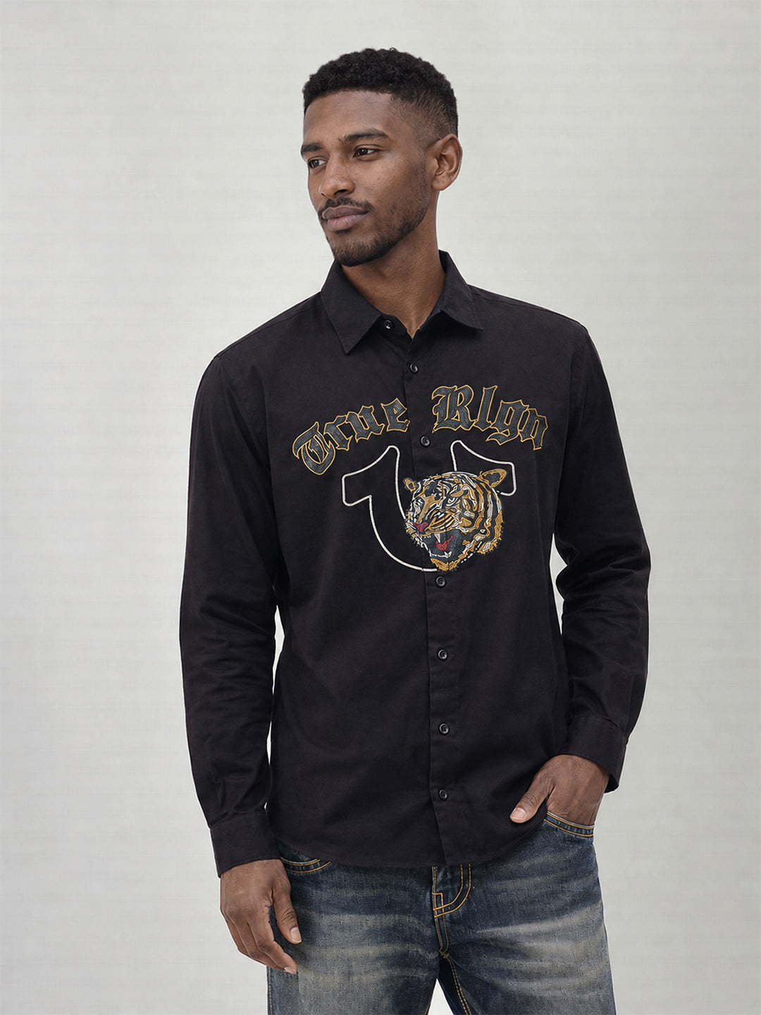 True Religion Men Black Embroidered Regular Fit Shirt