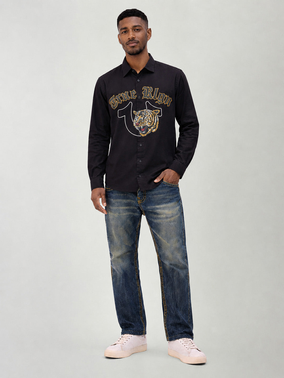 True Religion Men Black Embroidered Regular Fit Shirt