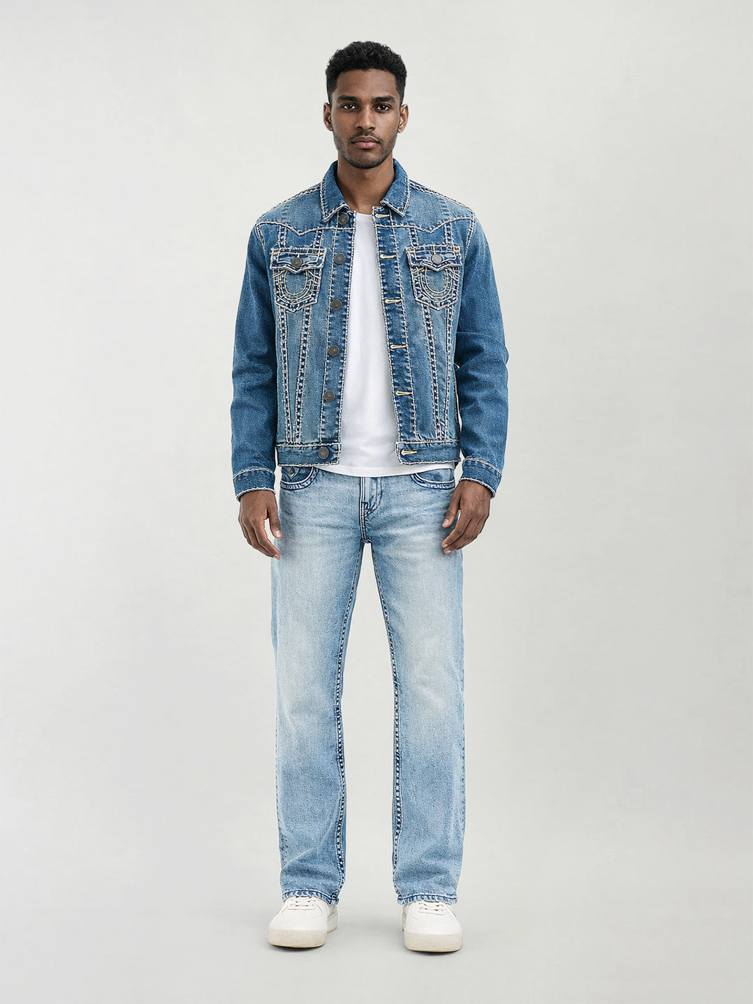 True Religion Men Blue Solid Bootcut Fit SN Billy Jeans