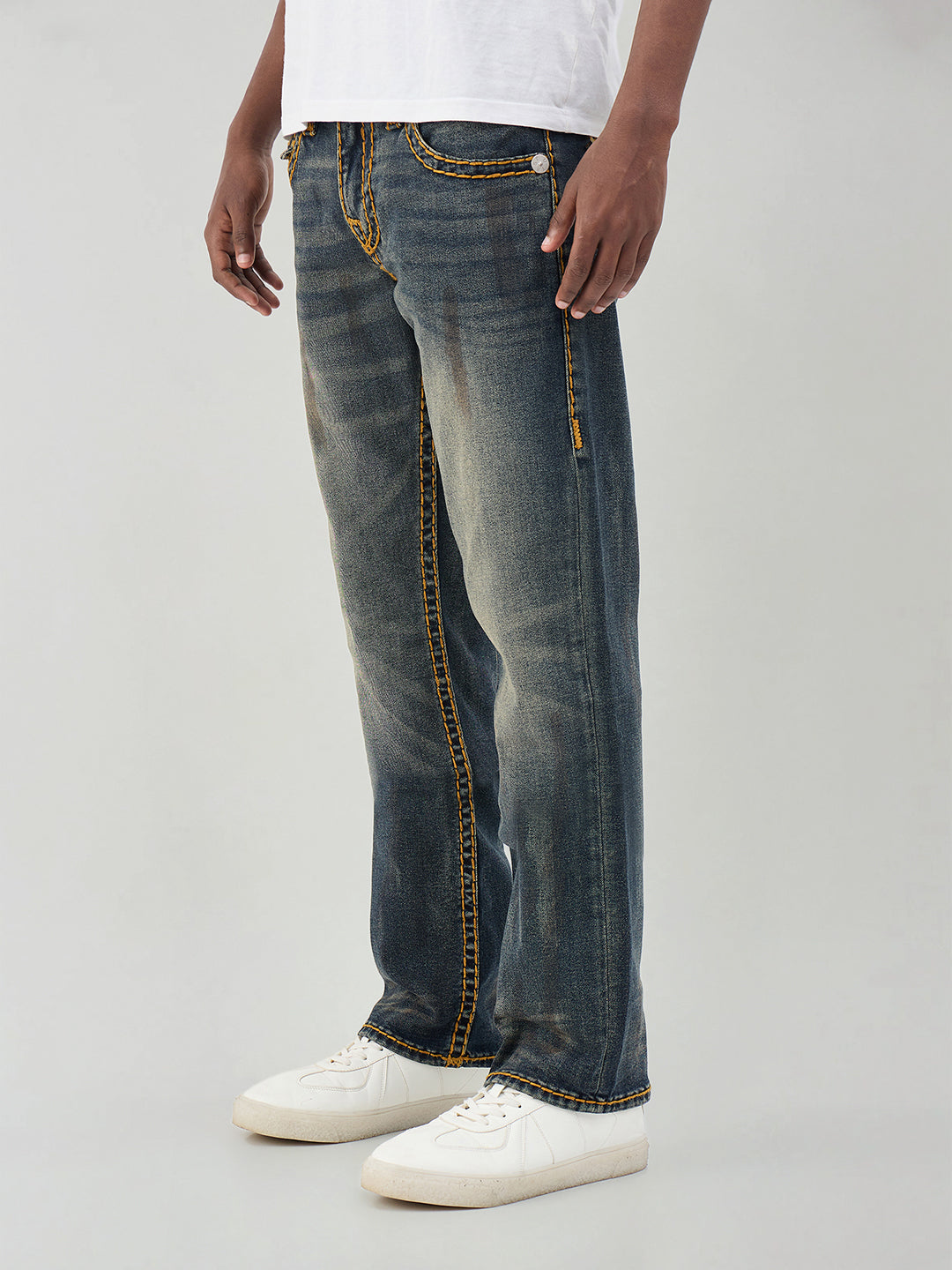 True Religion Men Dark Blue Solid Straight Fit Super T Ricky Jeans