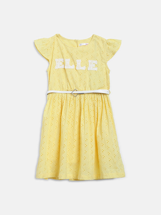 Elle Kids Girls Yellow Self - Design Round Neck Dress