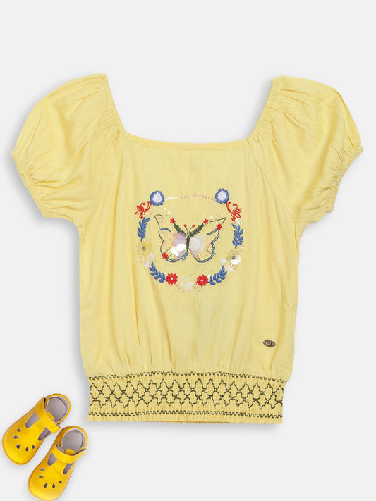 Elle Kids Girls Yellow Solid Round Neck Top