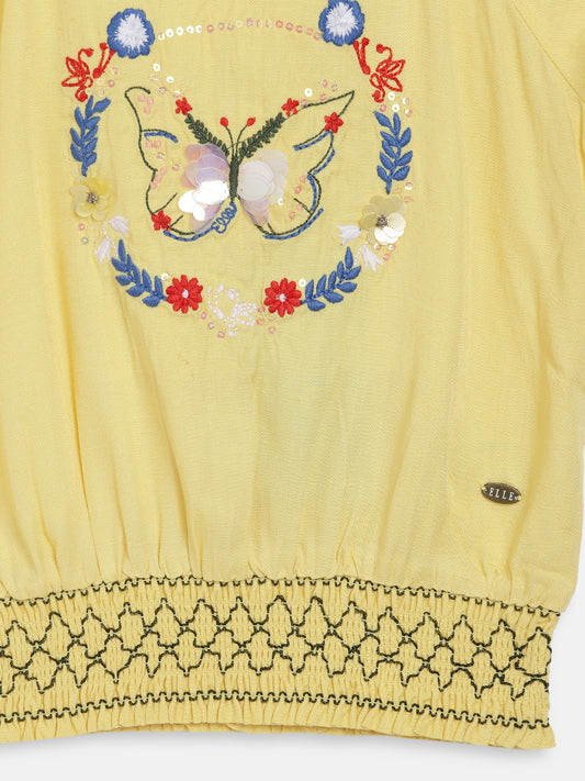Elle Kids Girls Yellow Solid Round Neck Top