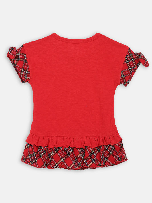 Elle Kids Girls Red Embroidered Round Neck Dress