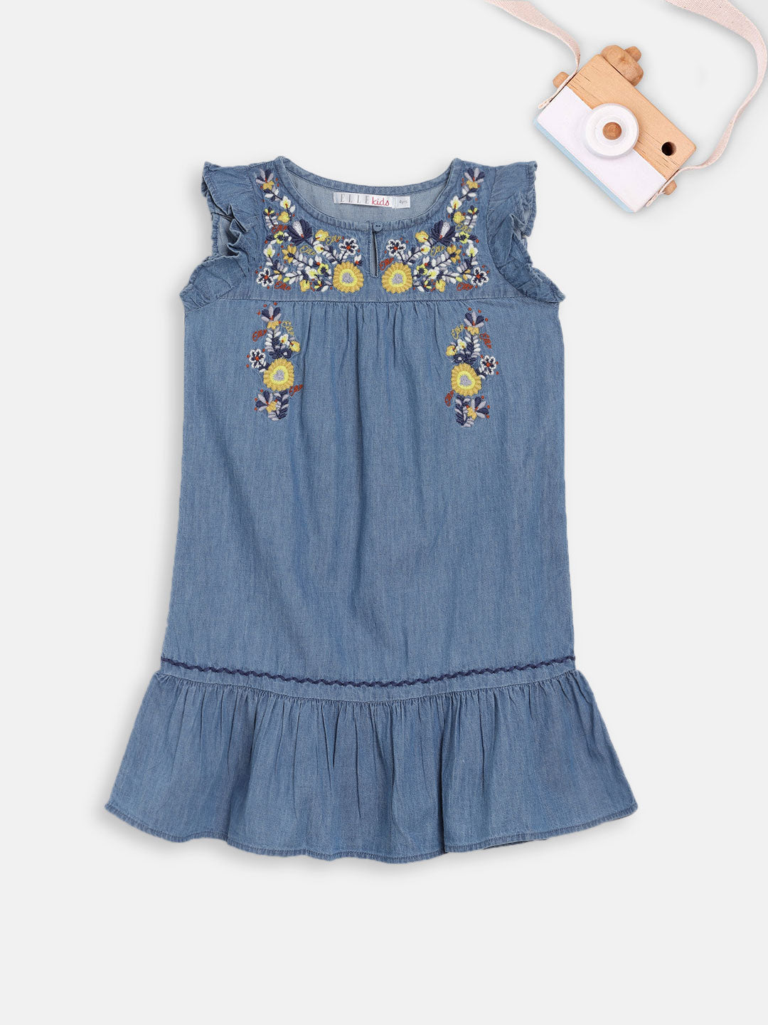 Elle Kids Girls Blue Solid Round Neck Dress