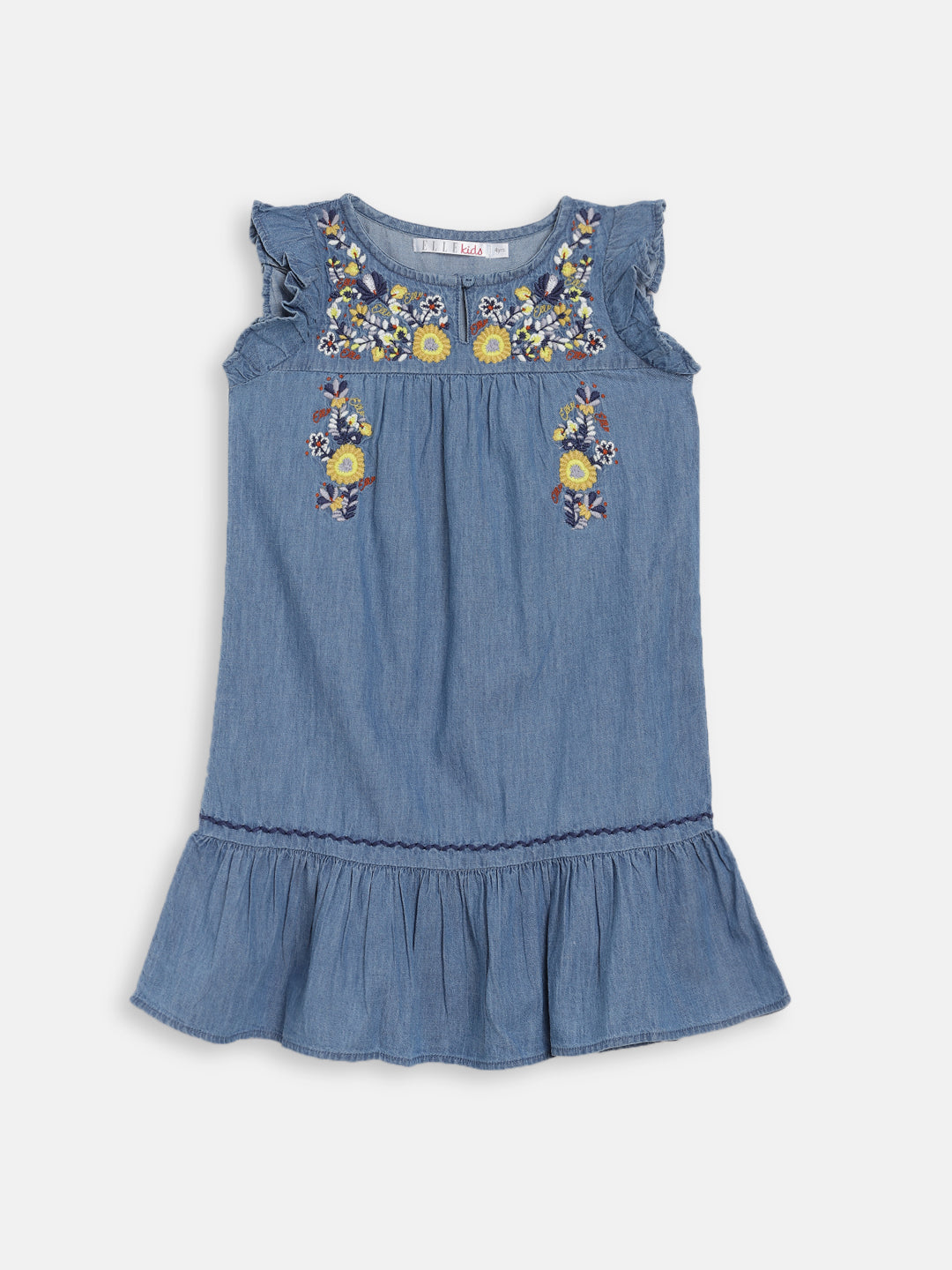 Elle Kids Girls Blue Solid Round Neck Dress