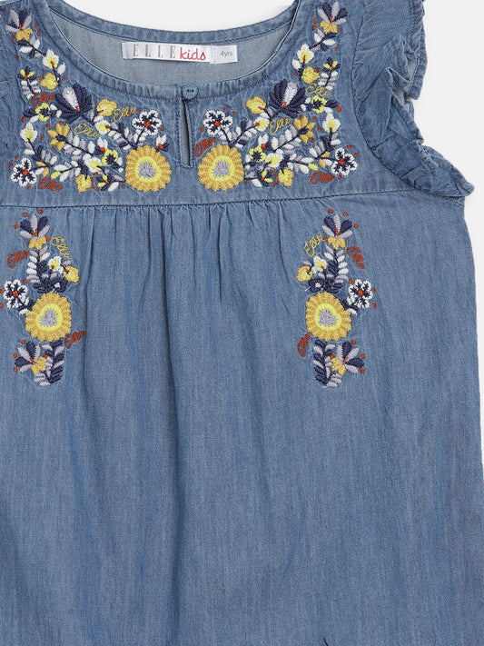 Elle Kids Girls Blue Solid Round Neck Dress