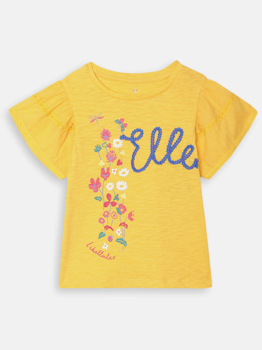 Elle Kids Girls Yellow Printed Round Neck TShirt