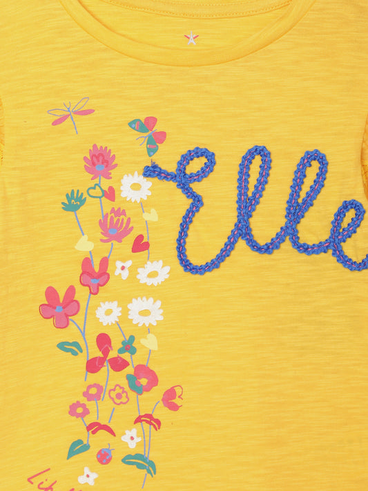 Elle Kids Girls Yellow Printed Round Neck TShirt