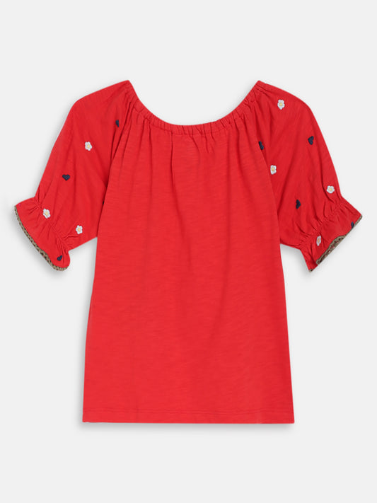 Elle Kids Girls Red Embroidered Round Neck Top