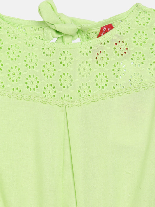 Blue Giraffe Girls Green Solid Round Neck Playsuit