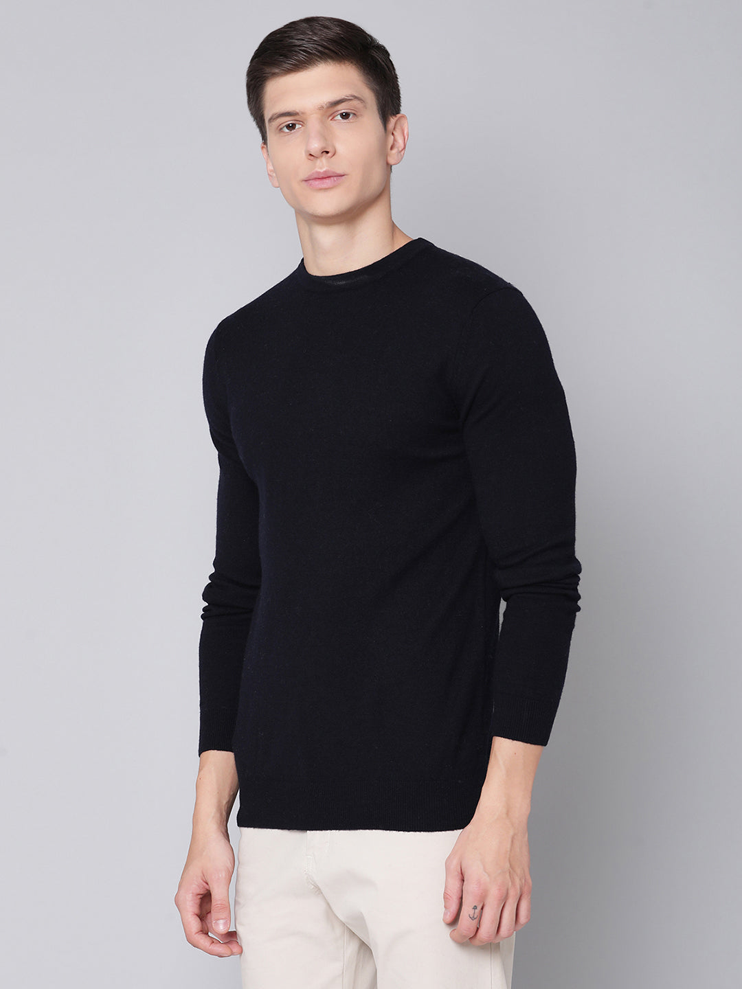 Bruun & Stengade Men Navy Solid Round Neck Sweater