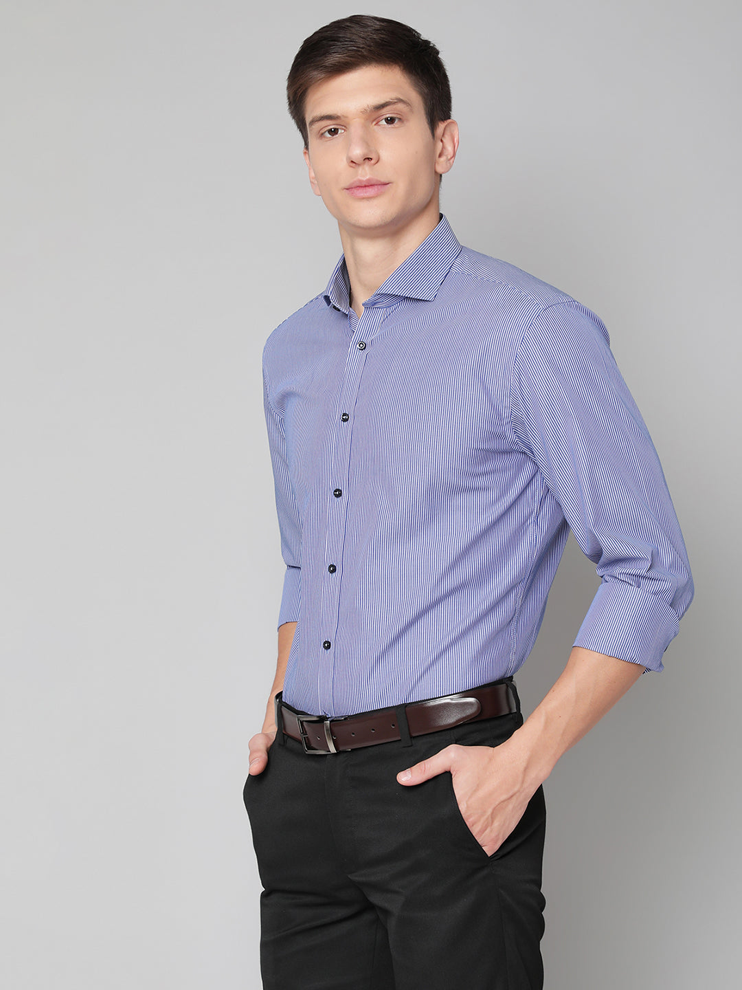 Bruun & Stengade Men Blue Striped Cutaway Collar Shirt