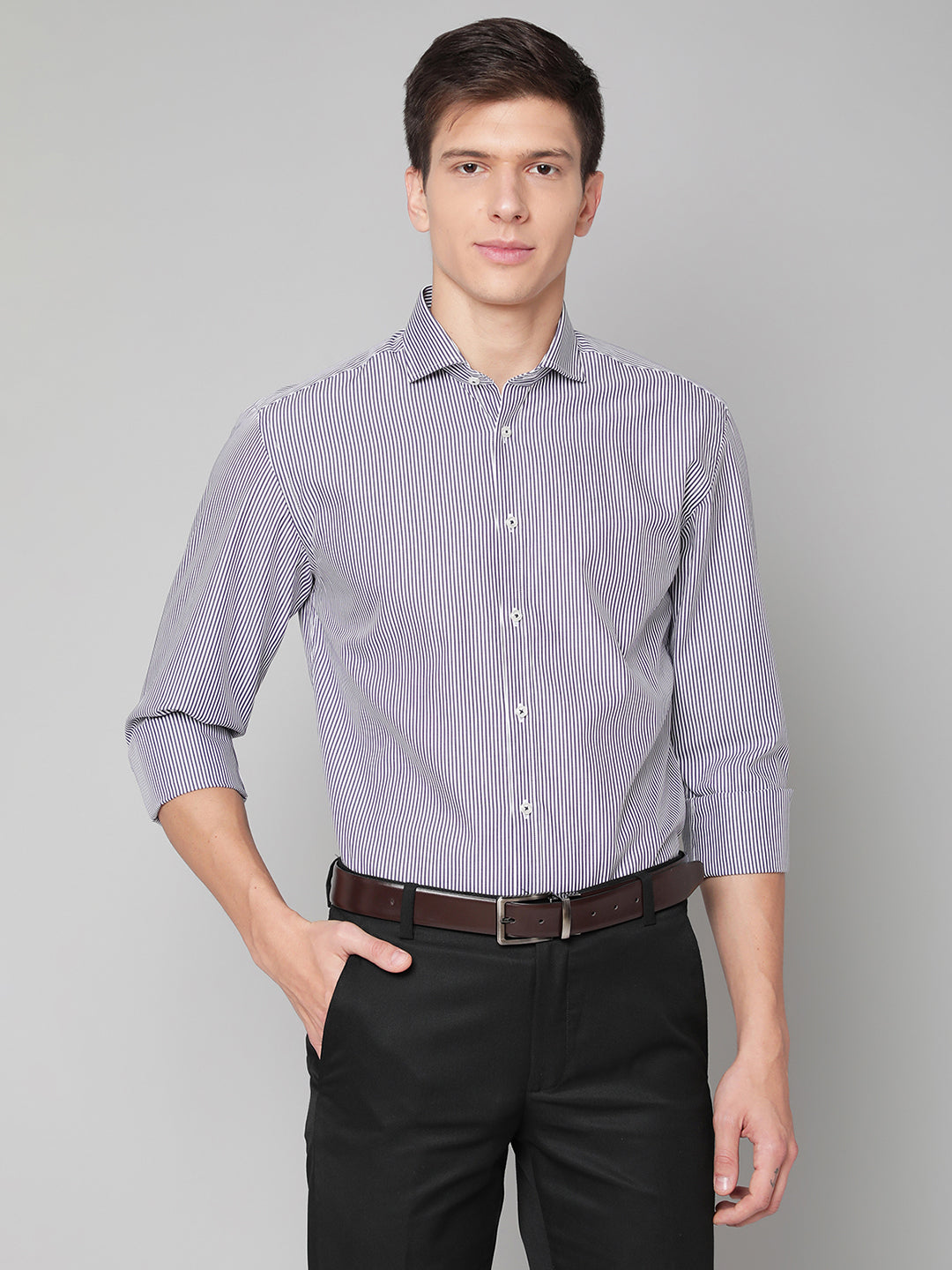 Bruun & Stengade Men Purple Striped Cutaway Collar Shirt