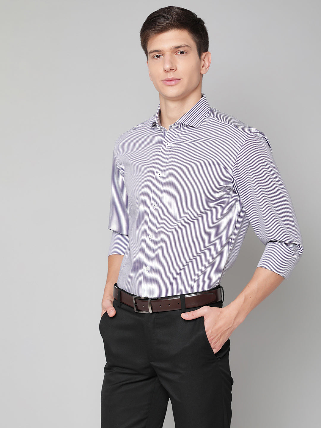 Bruun & Stengade Men Purple Striped Cutaway Collar Shirt