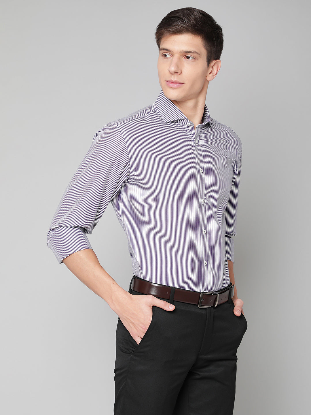 Bruun & Stengade Men Purple Striped Cutaway Collar Shirt