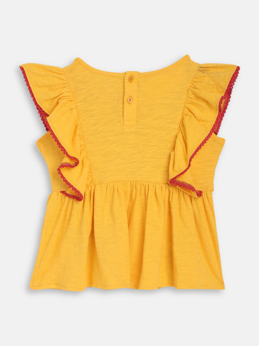 Elle Kids Girls Yellow Solid Round Neck TShirt