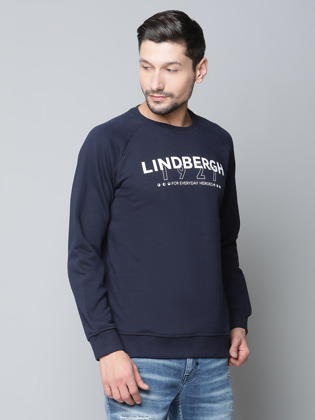 Lindbergh Men Navy Checked Round Neck Sweatshirt