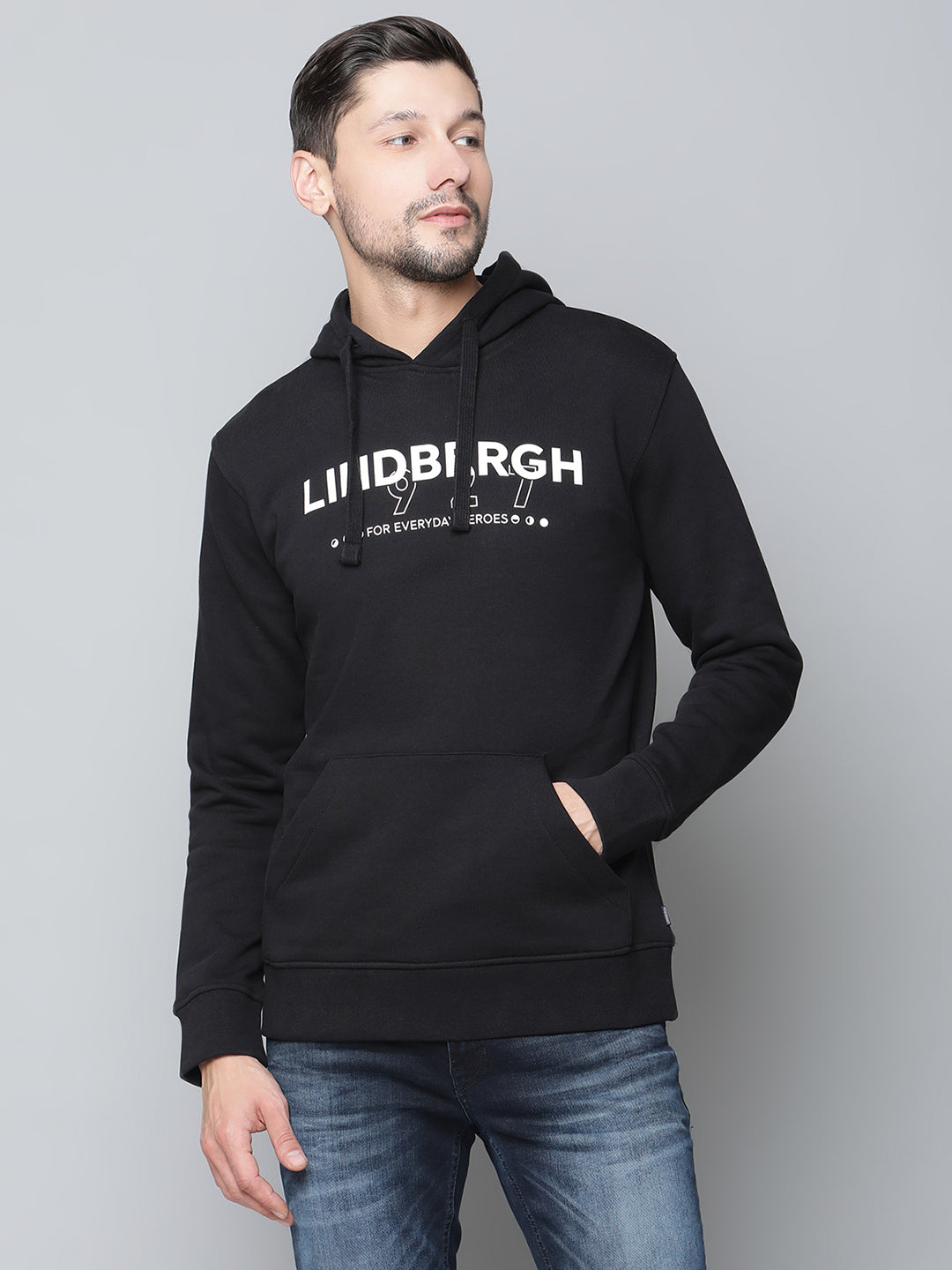 Lindbergh Men Black Solid Hooded Sweatshirt