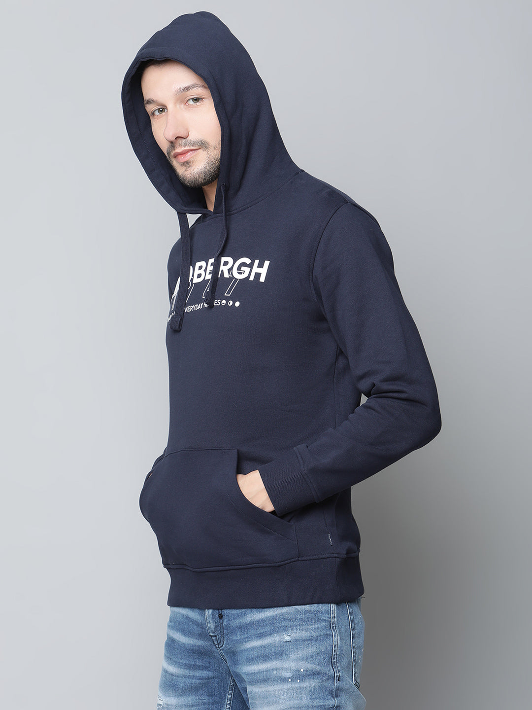 Lindbergh Men Navy Blue Solid Hooded Sweatshirt