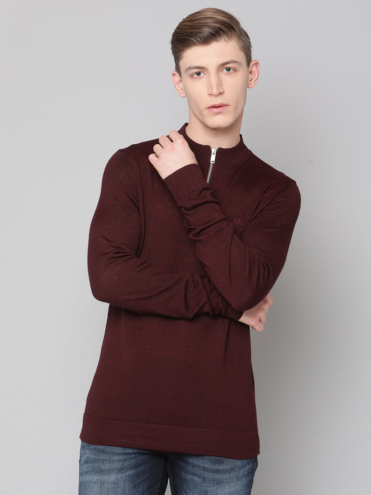 Lindbergh Men Maroon Solid Round Neck Sweater