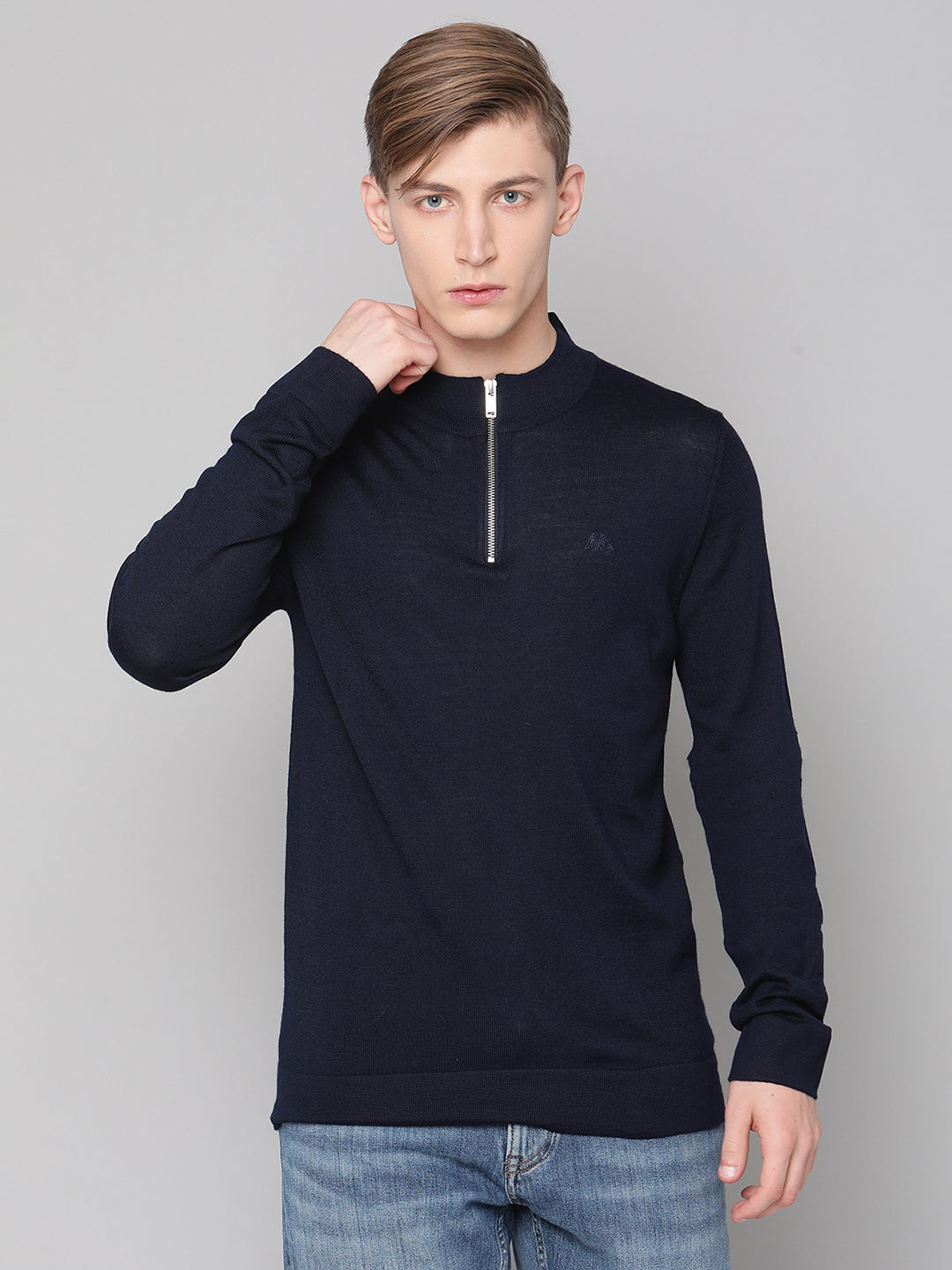 Lindbergh Men Navy Blue Solid Round Neck Sweater