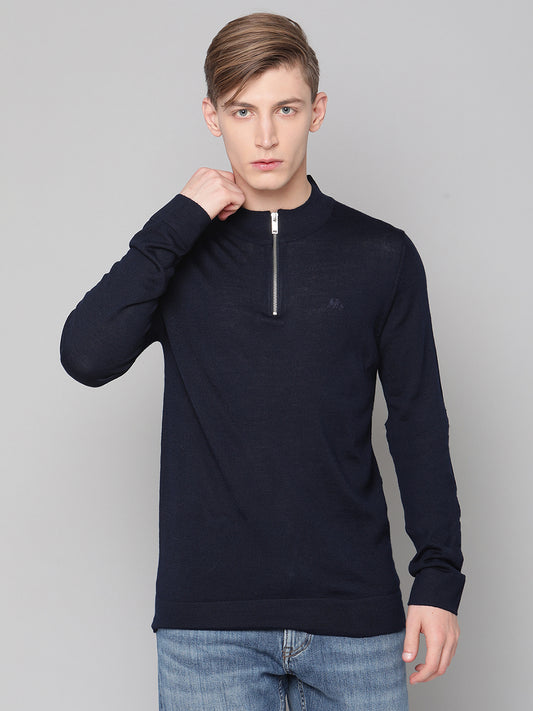 Lindbergh Men Navy Blue Solid Round Neck Sweater