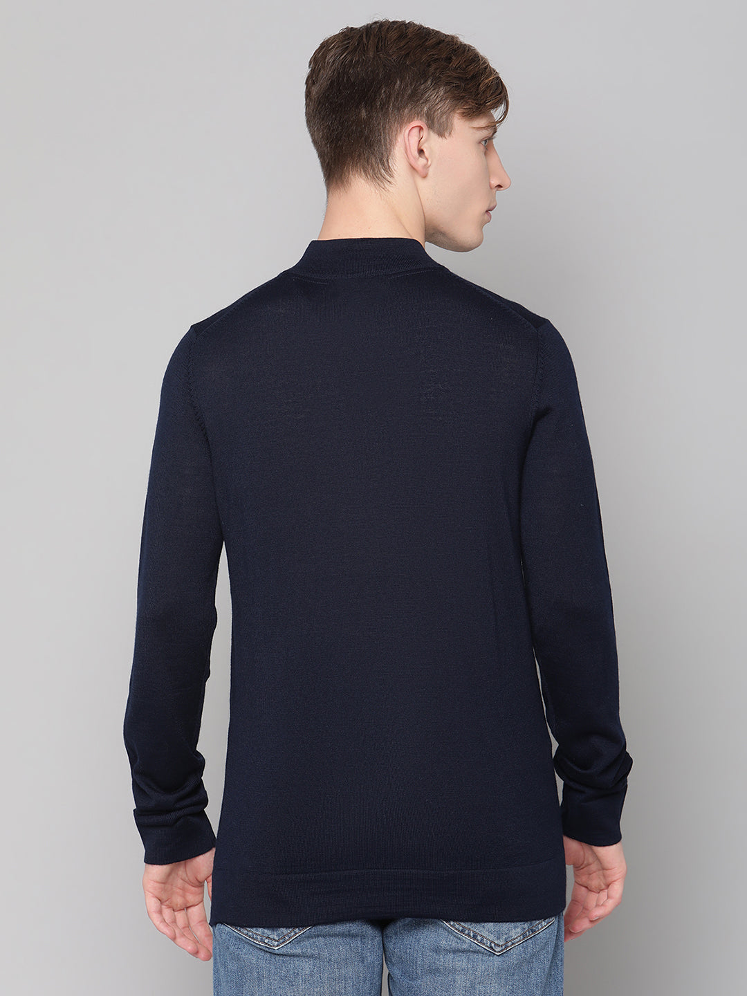 Lindbergh Men Navy Blue Solid Round Neck Sweater
