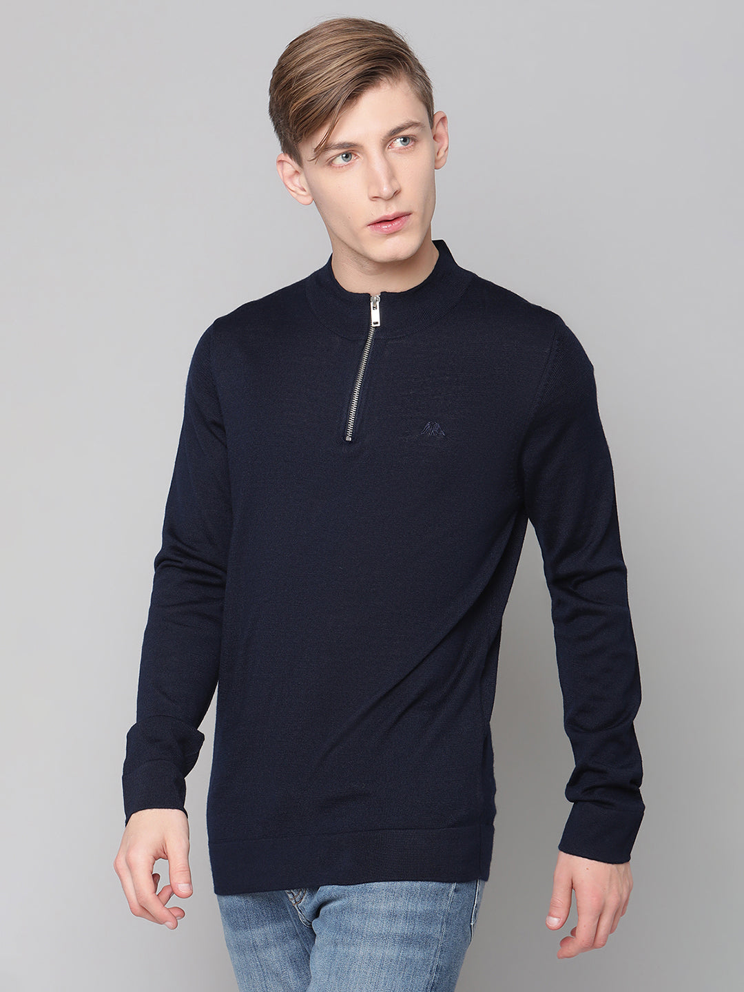 Lindbergh Men Navy Blue Solid Round Neck Sweater