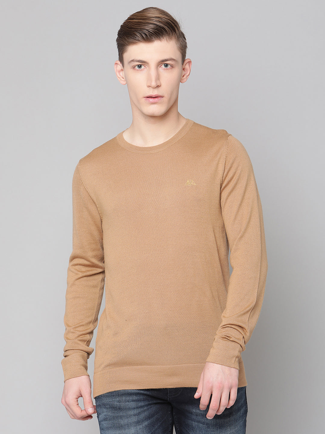 Lindbergh Men Brown Solid Round Neck Sweater