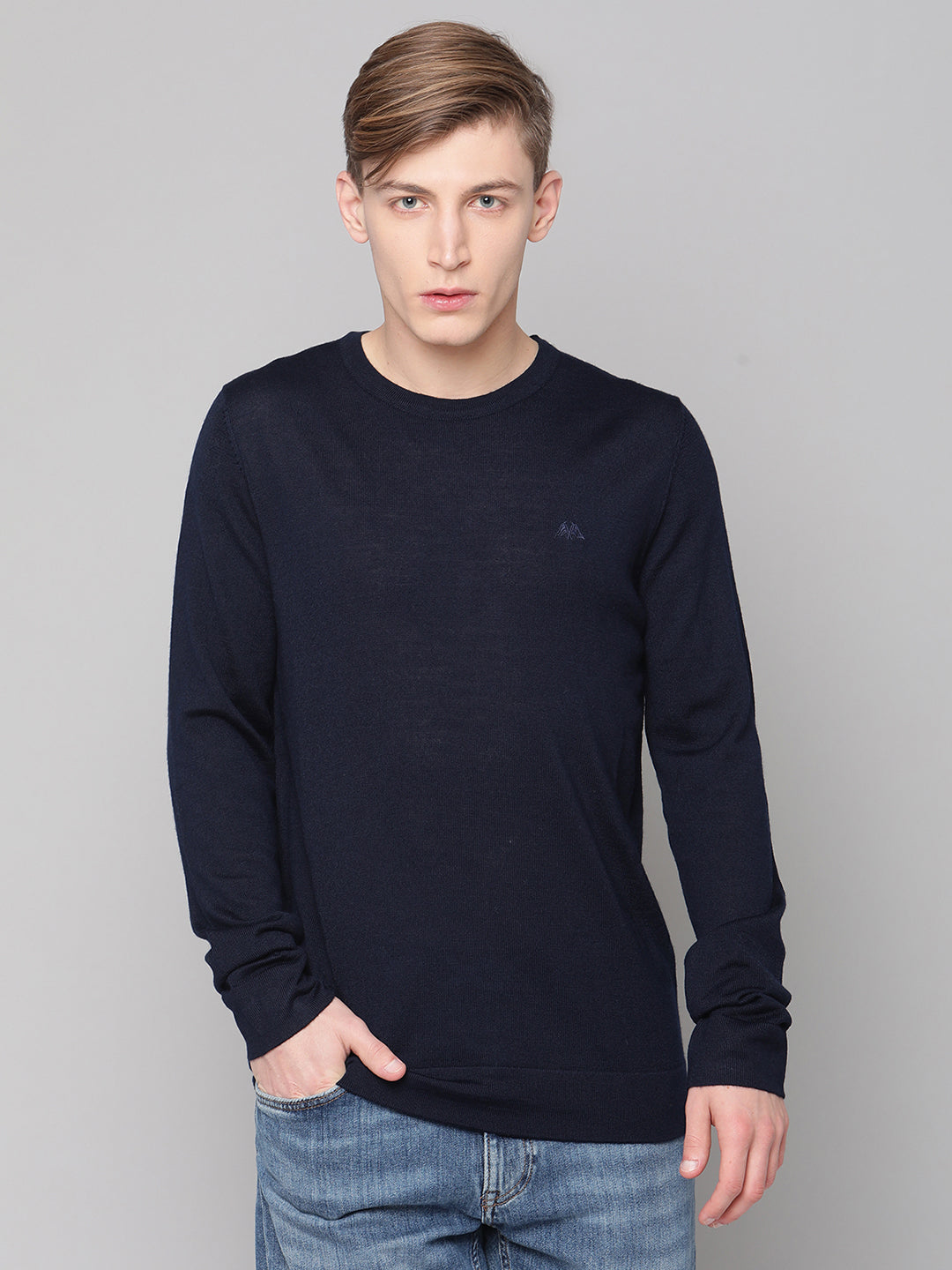 Lindbergh Men Navy Blue Solid Round Neck Sweater