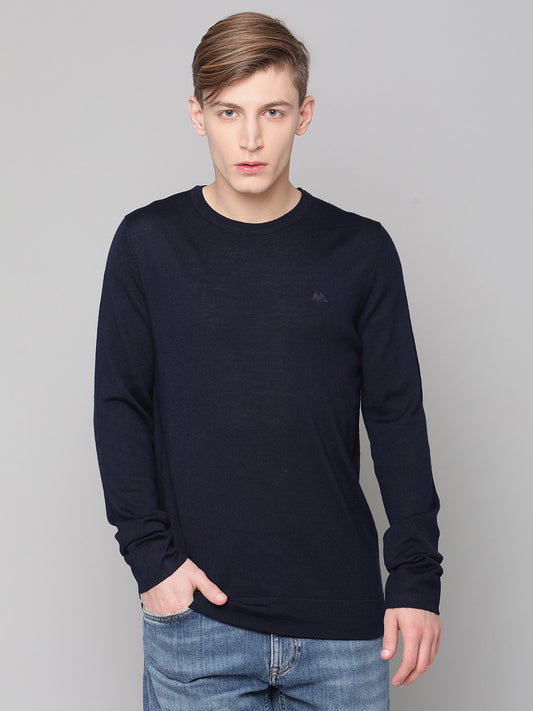 Lindbergh Men Navy Blue Solid Round Neck Sweater