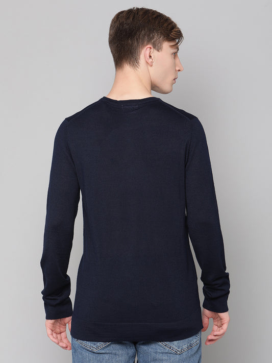 Lindbergh Men Navy Blue Solid Round Neck Sweater