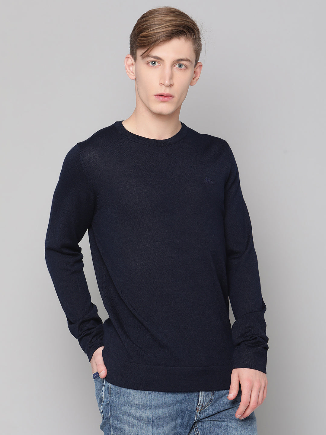Lindbergh Men Navy Blue Solid Round Neck Sweater